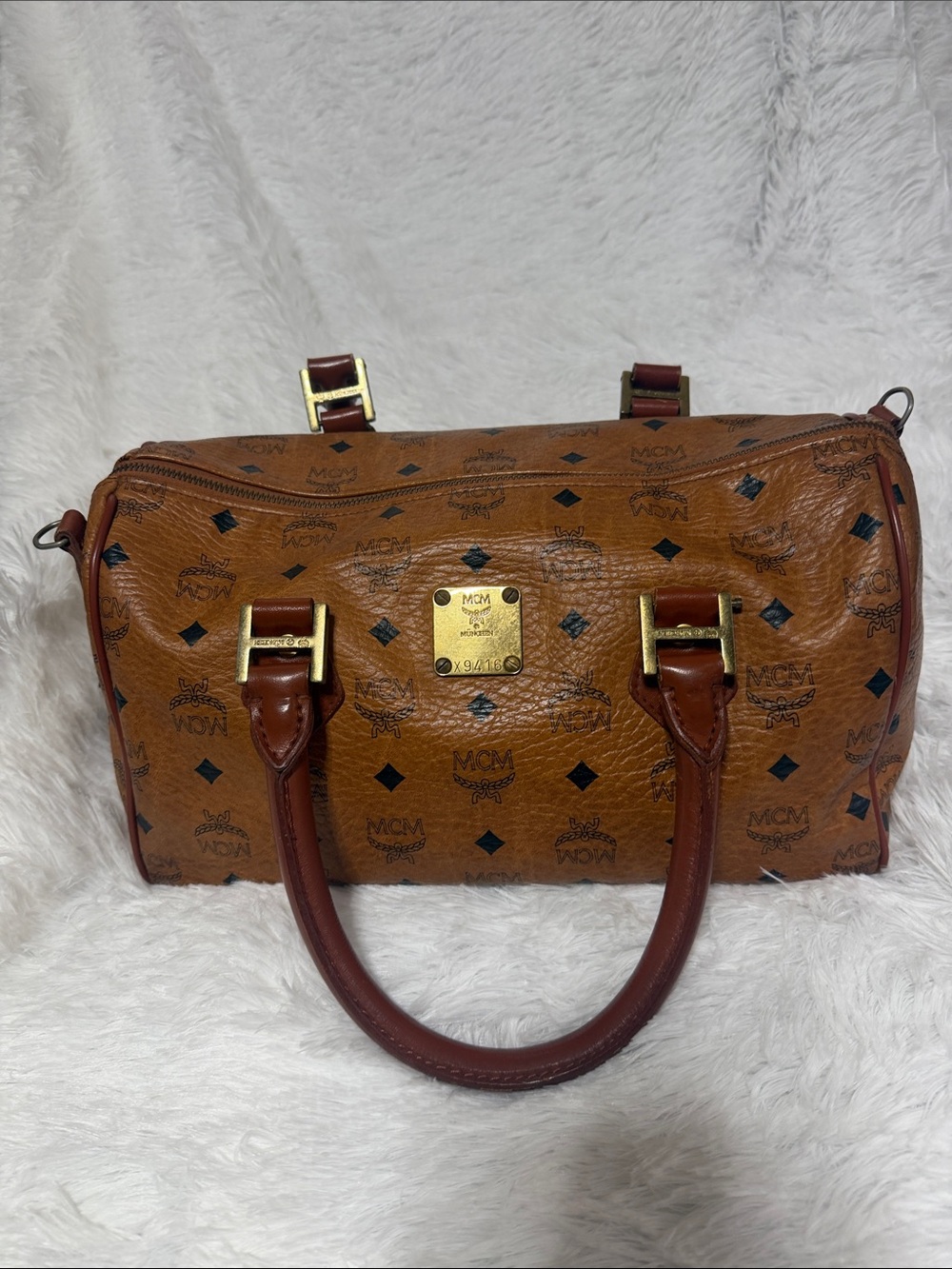 MCM Cognac Brown Visetos Satchel with Gold Hardware